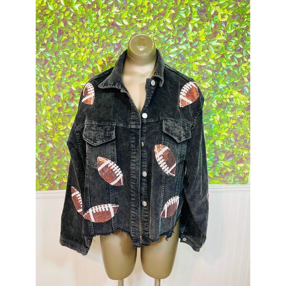 Brand New Black Cordoroy And Sequins Football Jacket Size XL Womens‎